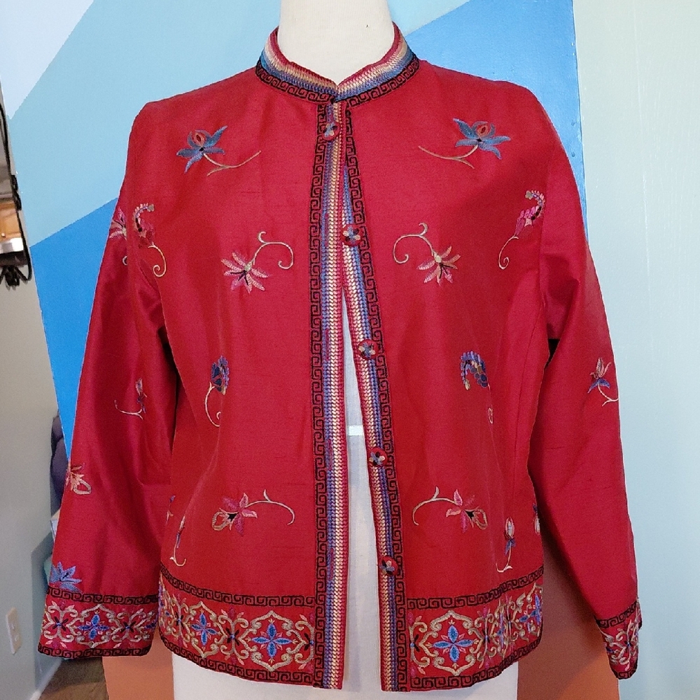 Gorgous,Floral Embroidered Red Women's Blazer,Icelandic